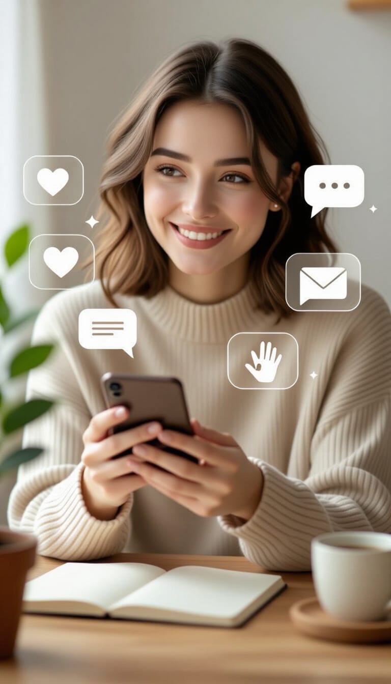 Иновације у дигиталном маркетингу - девојка држи телефон у руци и своје иновације шаље на различите адресе мејлове, и друштвене мреже
